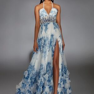 Alyce Paris Blue Floral Halter Ruffle Prom Gown
